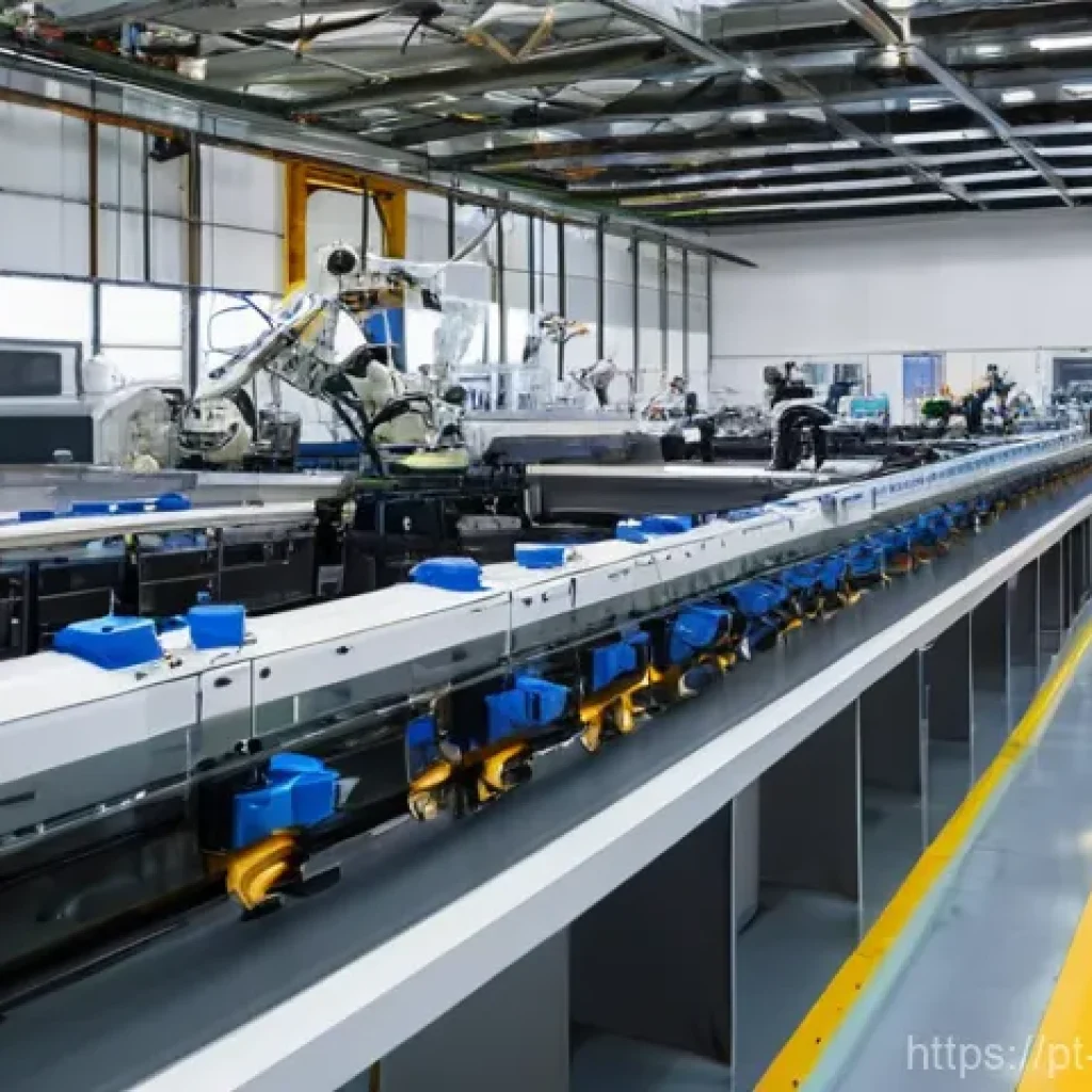 디지털 컴패니언십의 산업별 응용 - **Prompt:** A bustling, ultra-modern factory floor in Portugal, bathed in soft, natural light filter...