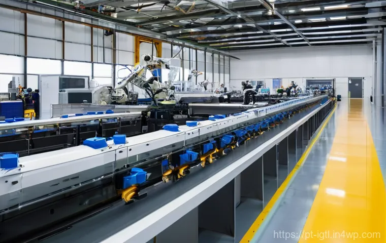 디지털 컴패니언십의 산업별 응용 - **Prompt:** A bustling, ultra-modern factory floor in Portugal, bathed in soft, natural light filter...