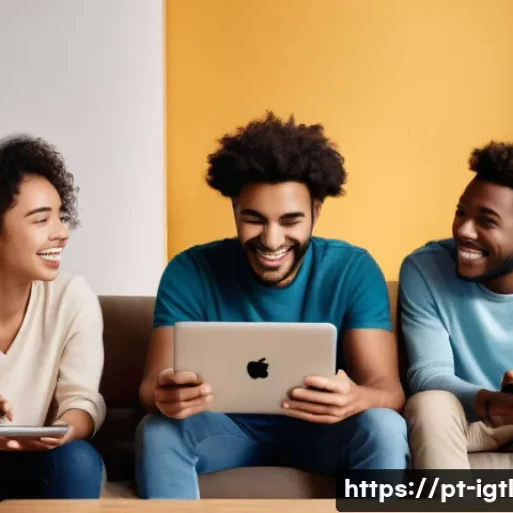 디지털 컴패니언십 플랫폼 사용법 - A diverse group of young adults in a cozy, modern living room, each engaging with digital devices li...