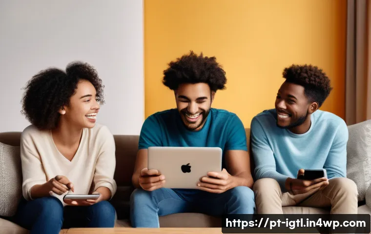 디지털 컴패니언십 플랫폼 사용법 - A diverse group of young adults in a cozy, modern living room, each engaging with digital devices li...