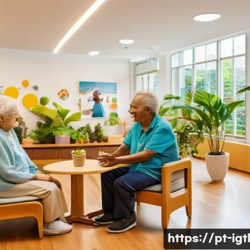 디지털 컴패니언십의 연구 동향 - A warm and inviting scene inside a modern Brazilian elder care facility, featuring a friendly social...