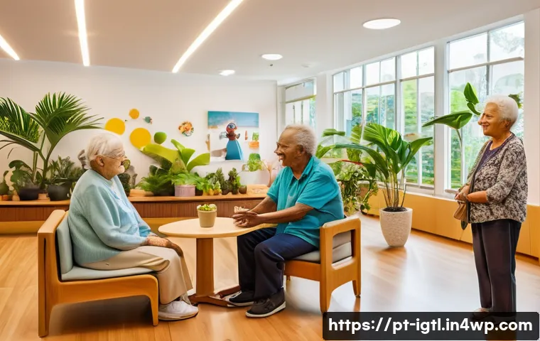 디지털 컴패니언십의 연구 동향 - A warm and inviting scene inside a modern Brazilian elder care facility, featuring a friendly social...