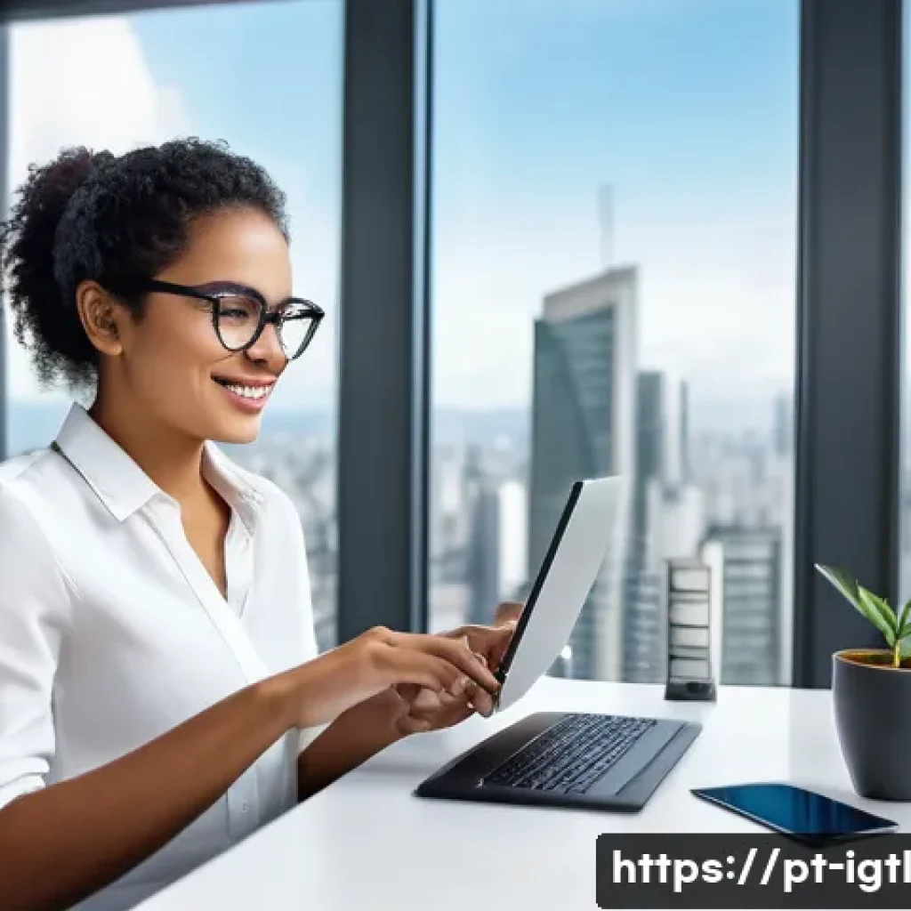 디지털 컴패니언십의 활용 가능성 - A modern office scene in São Paulo, Brazil, featuring a young professional woman using a sleek digit...