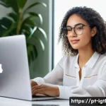Home 21 디지털 컴패니언십을 통한 네트워크 구축 - A professional young Brazilian woman sitting at a modern home office desk, working on a laptop with ...