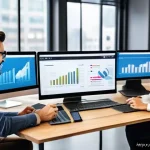 Home 19 디지털 컴패니언십의 효과적인 채널 관리 - A modern digital marketing office scene featuring a diverse team of professionals collaborating on a...