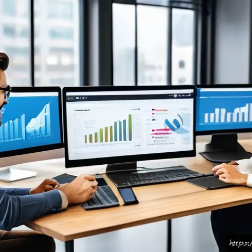 Home 31 디지털 컴패니언십의 효과적인 채널 관리 - A modern digital marketing office scene featuring a diverse team of professionals collaborating on a...