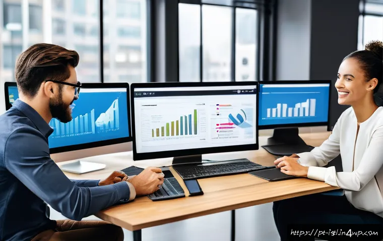 디지털 컴패니언십의 효과적인 채널 관리 - A modern digital marketing office scene featuring a diverse team of professionals collaborating on a...
