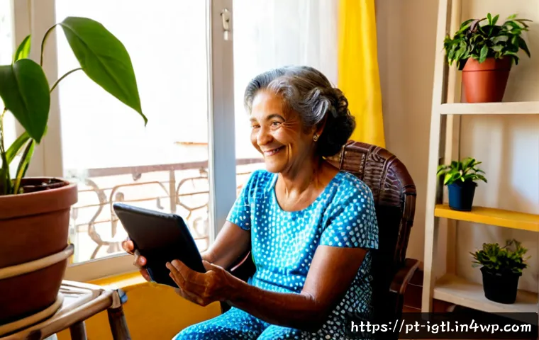 Home 17 디지털 컴패니언십을 활용한 사회적 변화 - Photorealistic warm home scene in São Paulo, Brazil, an elderly Brazilian woman having a cheerful vi...